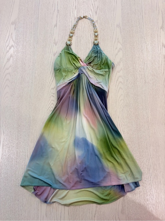 Sky Dresses & Skirts - SKY Jeweled Halter Mini Dress Pastel Watercolor Twist Front Size Small